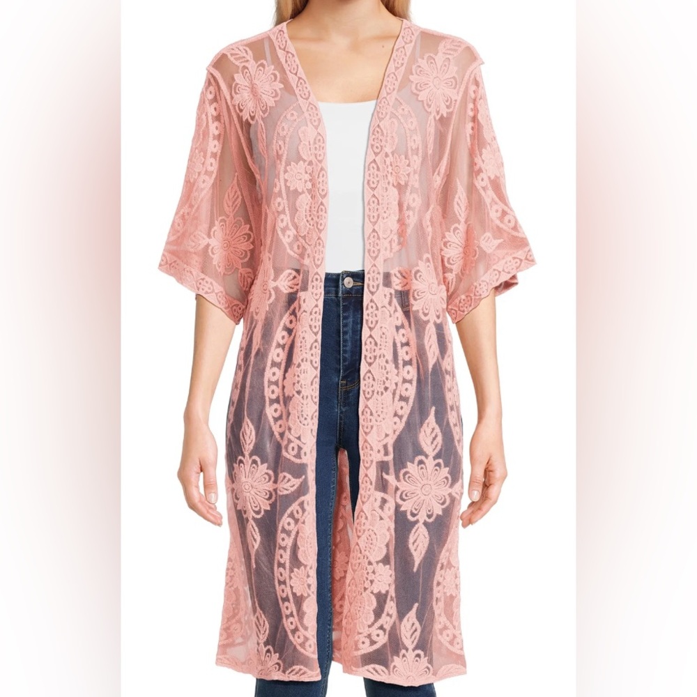 #2003  Blush Pink Medallion Floral Leaf Lace Kimono Open Front Cardigan Negligee